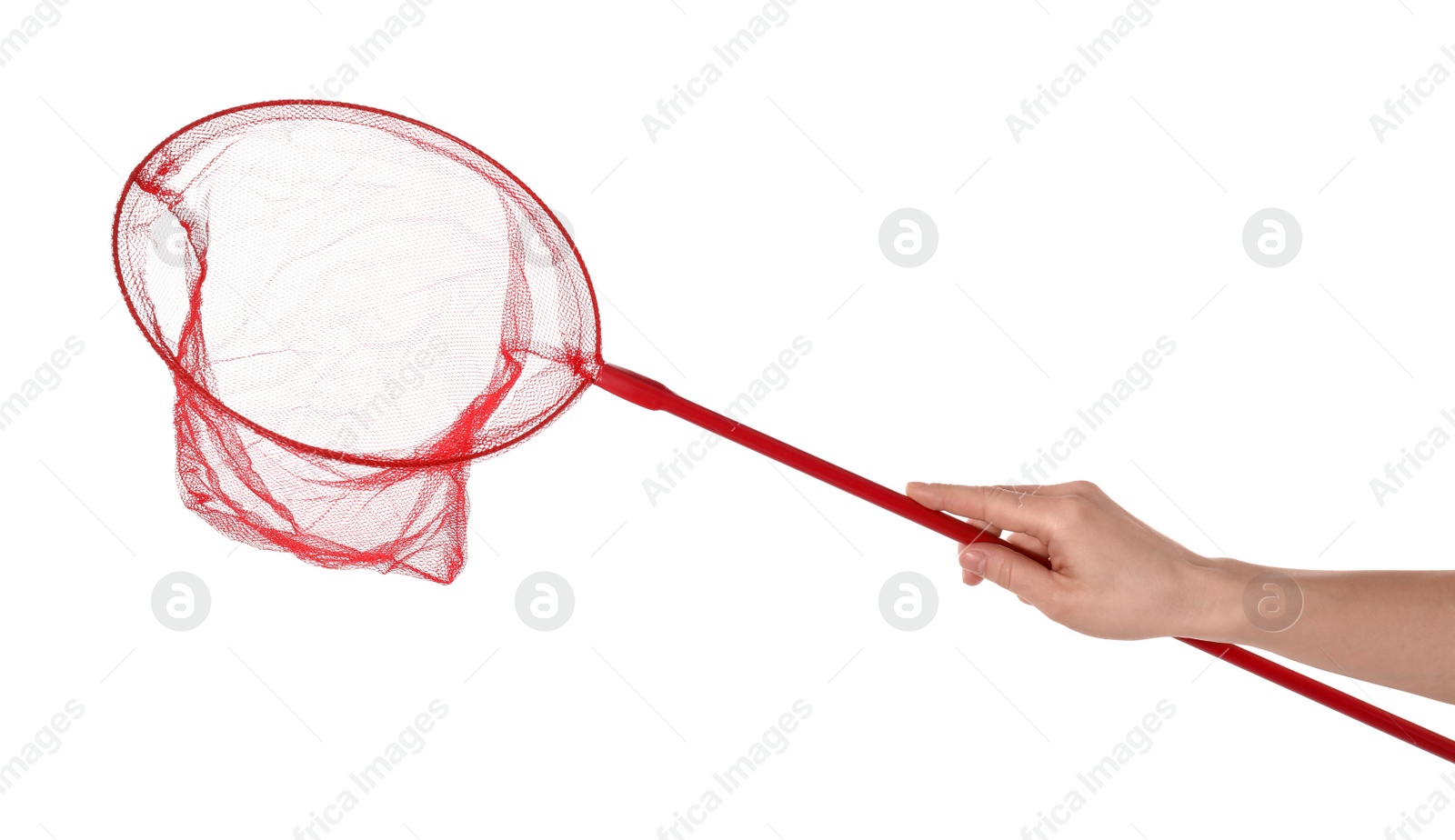 Photo of Woman with bright butterfly net on white background, closeup