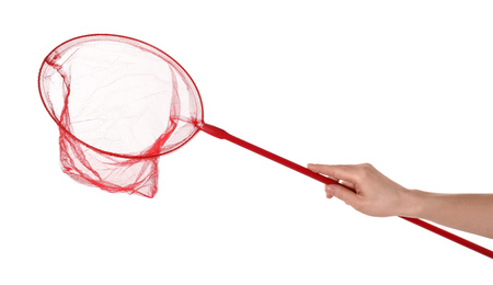 Woman with bright butterfly net on white background, closeup