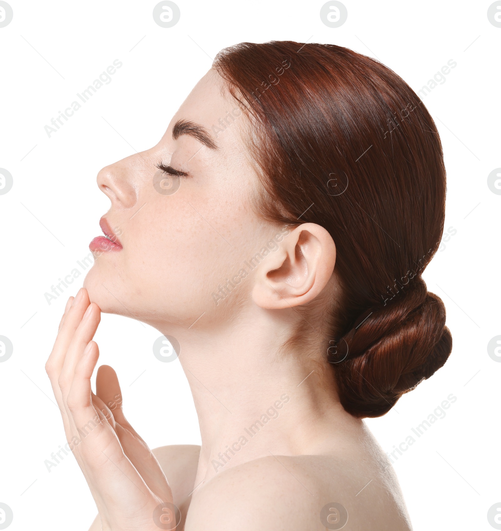 Photo of Portrait of beautiful woman on white background, closeup