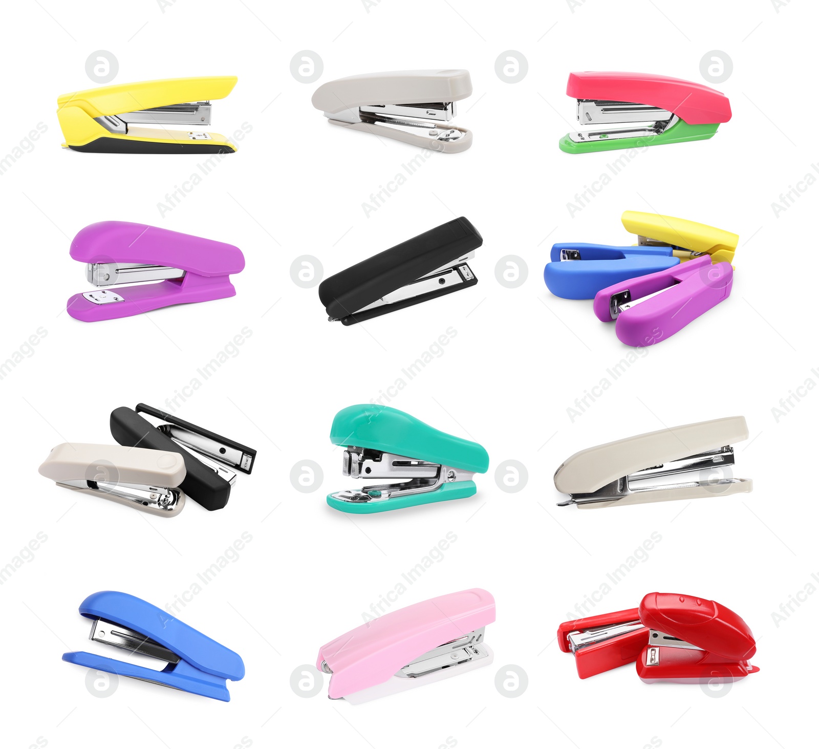 Image of Different colorful staplers isolated on white, collection