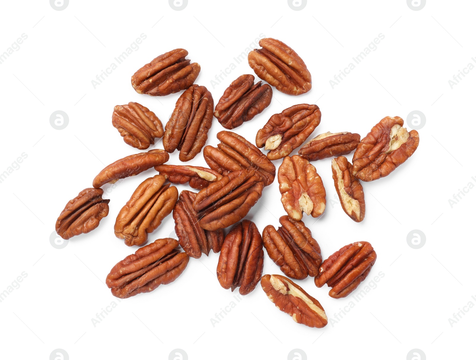 Photo of Tasty pecan nuts isolated on white, top view