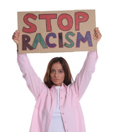 Woman holding sign with phrase Stop Racism on white background