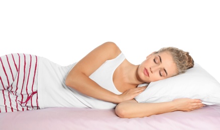 Photo of Beautiful woman sleeping with comfortable pillow on bed against white background