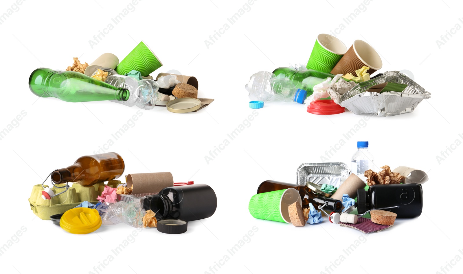 Image of Set of piles with different garbage on white background. Waste management and recycling