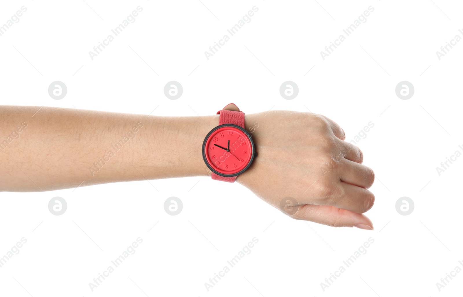 Photo of Woman with stylish wrist watch on white background, closeup. Time management