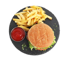Delicious burger with beef patty, tomato sauce and french fries isolated on white, top view