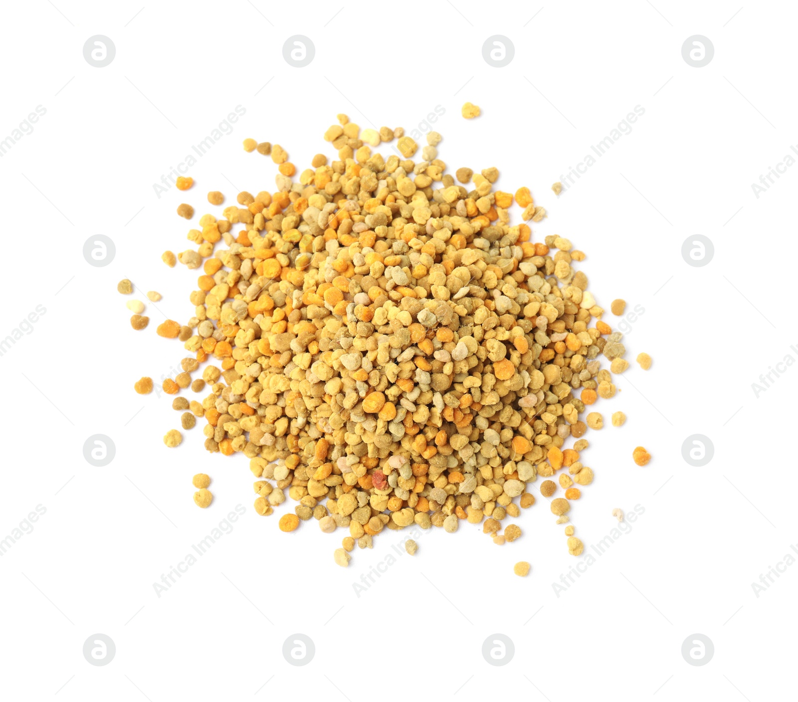 Photo of Pile of fresh bee pollen granules isolated on white, top view