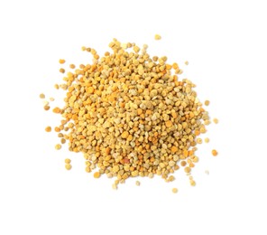 Photo of Pile of fresh bee pollen granules isolated on white, top view