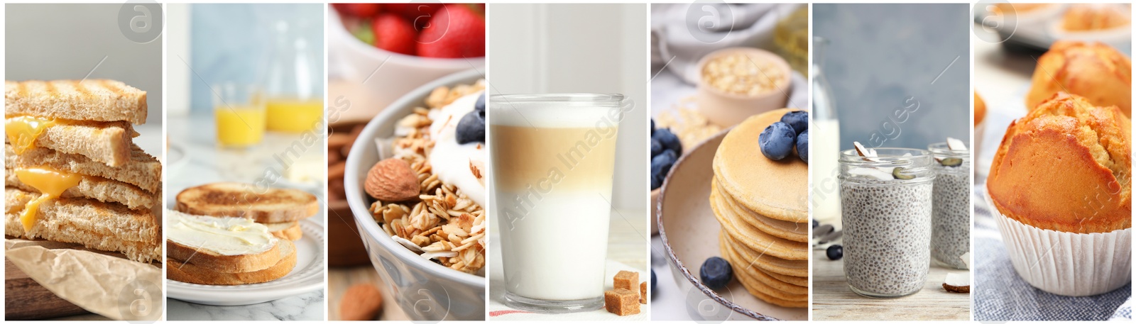 Image of Assortment of tasty breakfasts. Collage with different meals