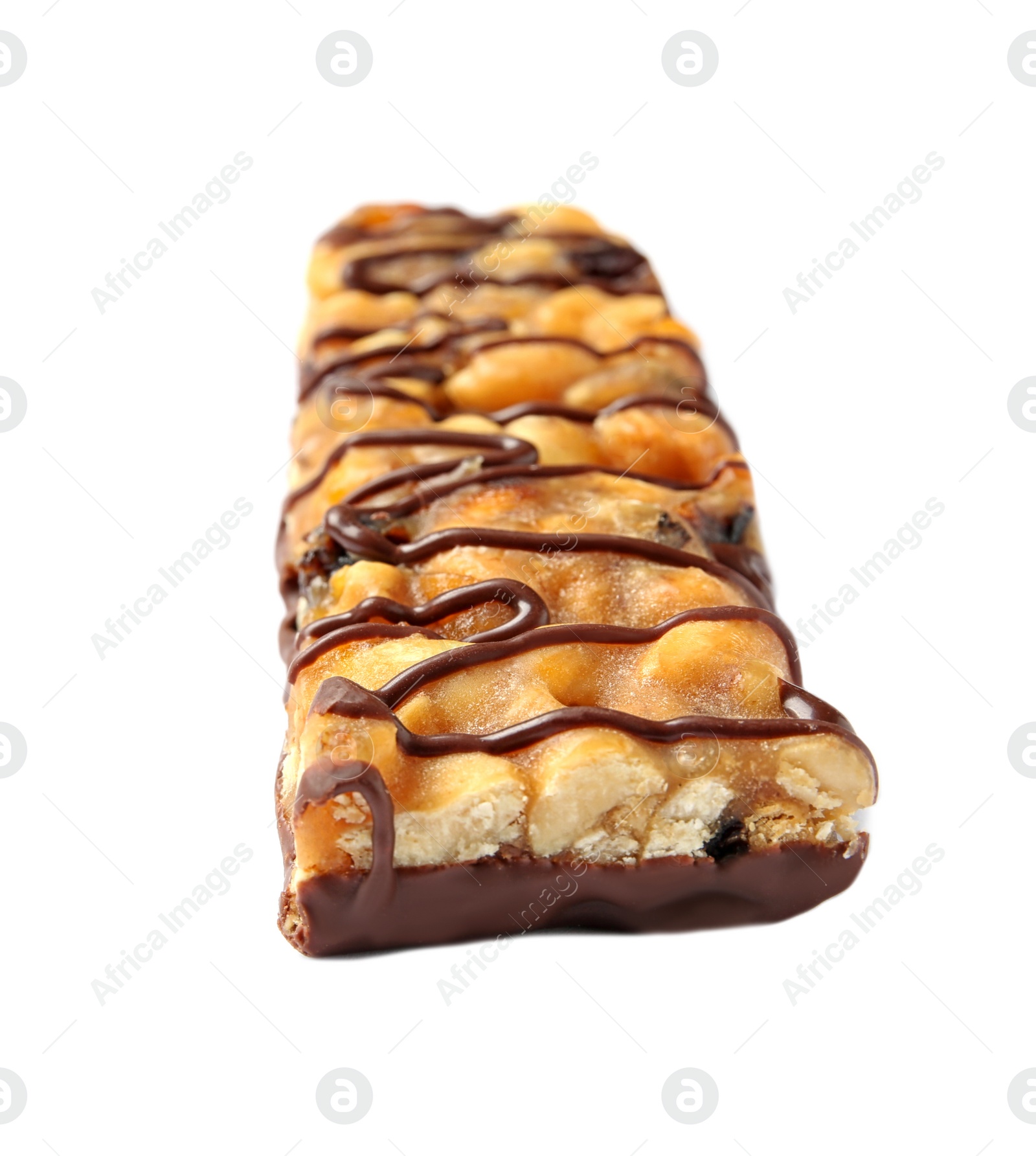 Photo of Grain cereal bar with chocolate on white background. Healthy snack