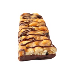 Grain cereal bar with chocolate on white background. Healthy snack