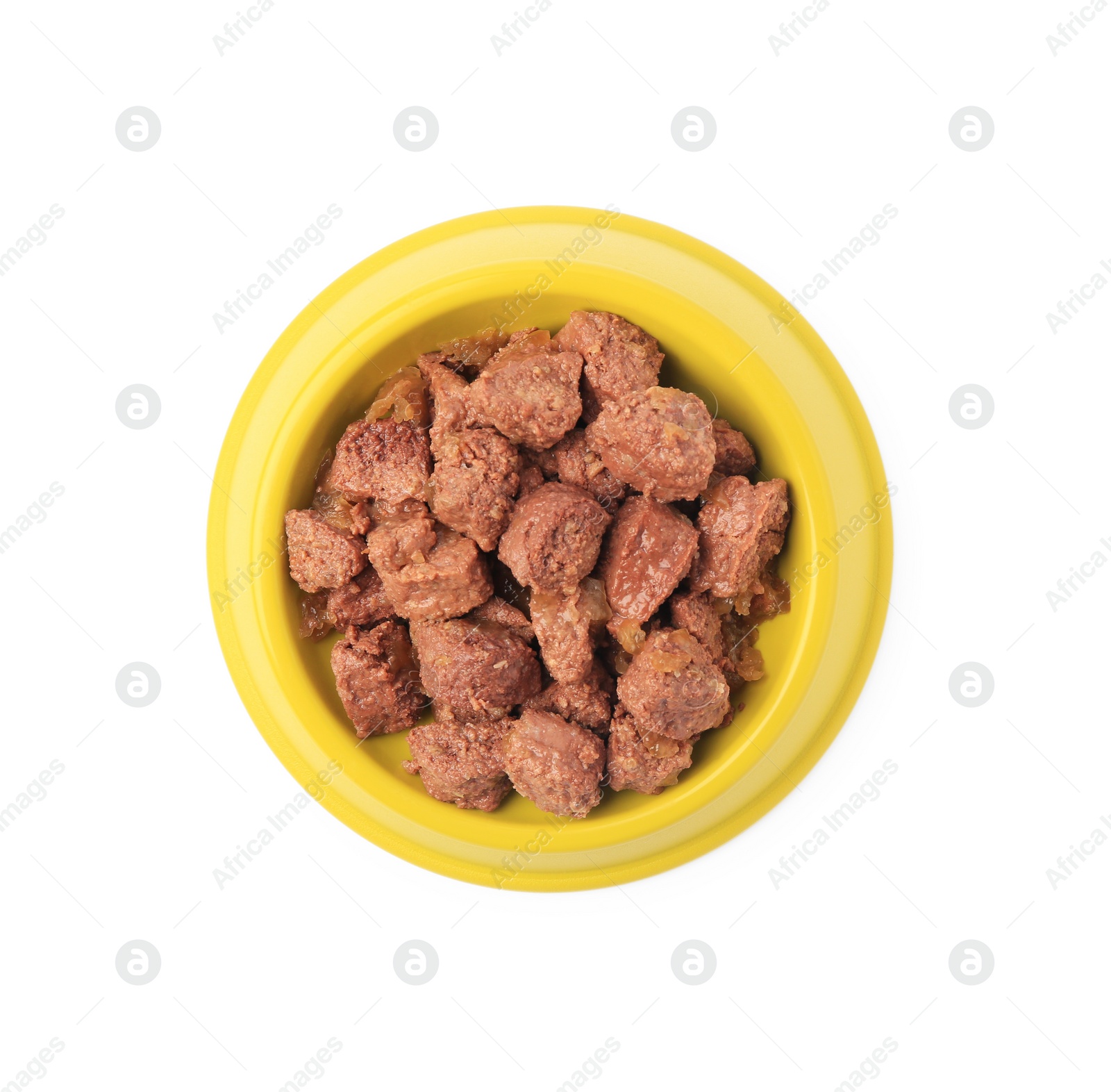 Photo of Wet pet food in feeding bowl isolated on white, top view