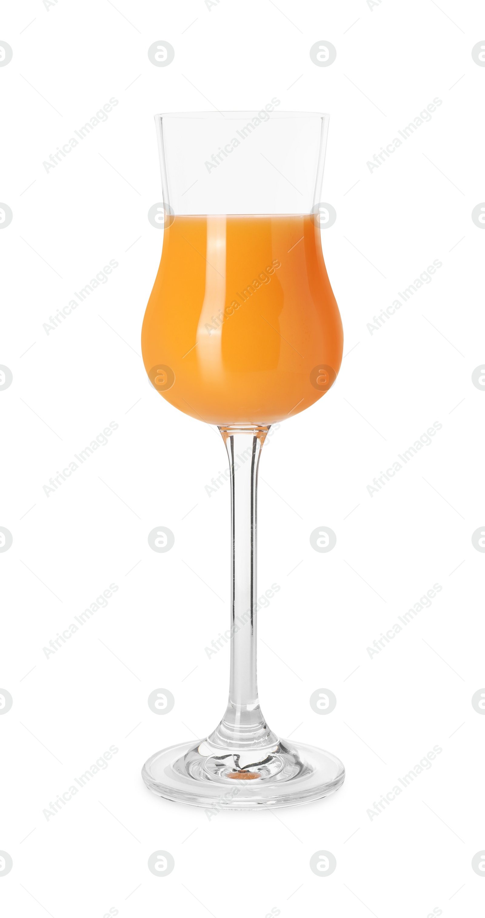 Photo of Glass with tasty tangerine liqueur isolated on white