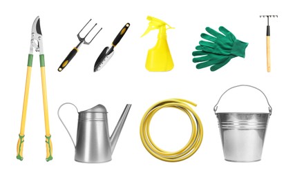 Set with different gardening tools on white background