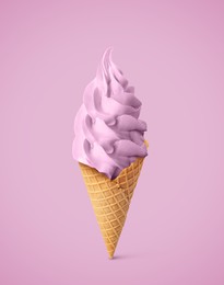 Delicious soft serve berry ice cream in crispy cone on pastel violet background