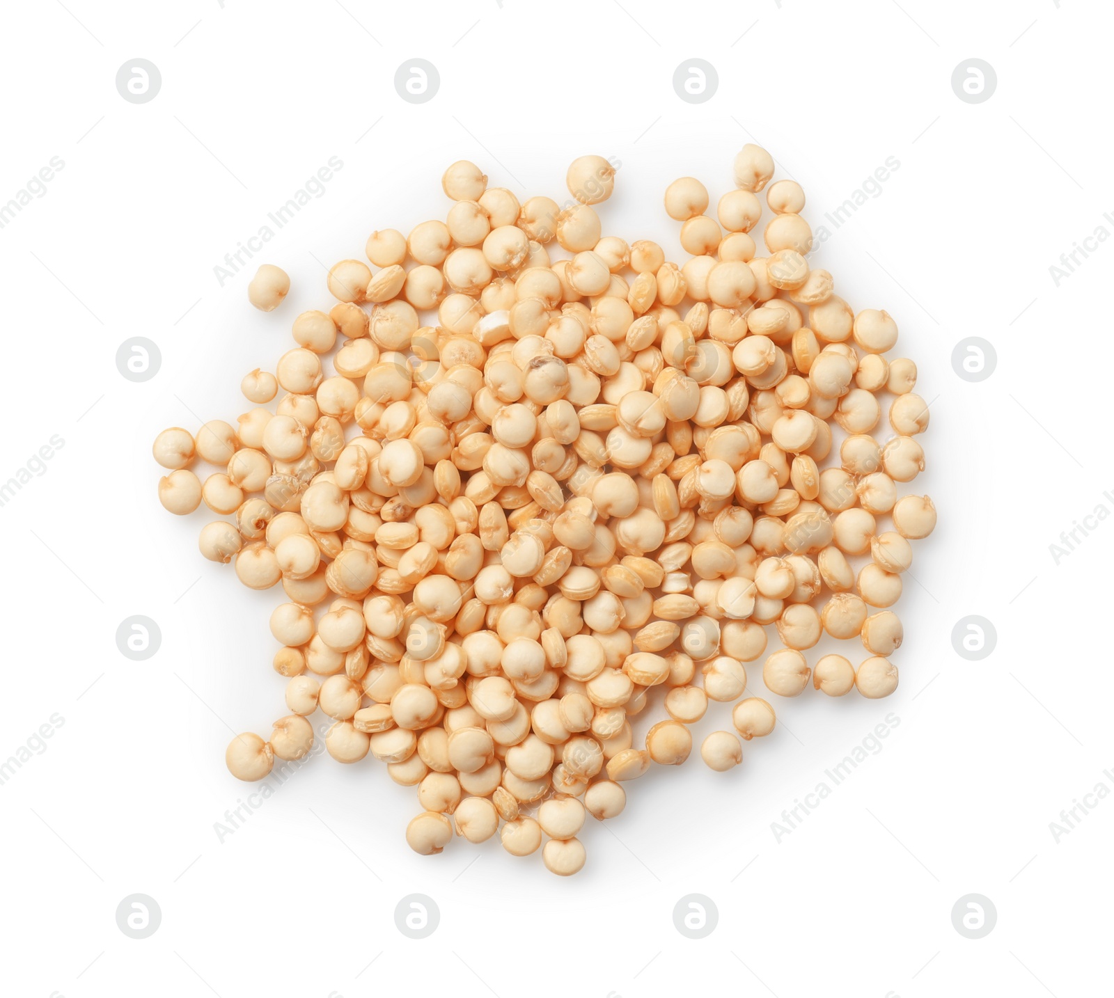 Photo of Many raw quinoa seeds isolated on white, top view