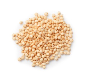 Photo of Many raw quinoa seeds isolated on white, top view