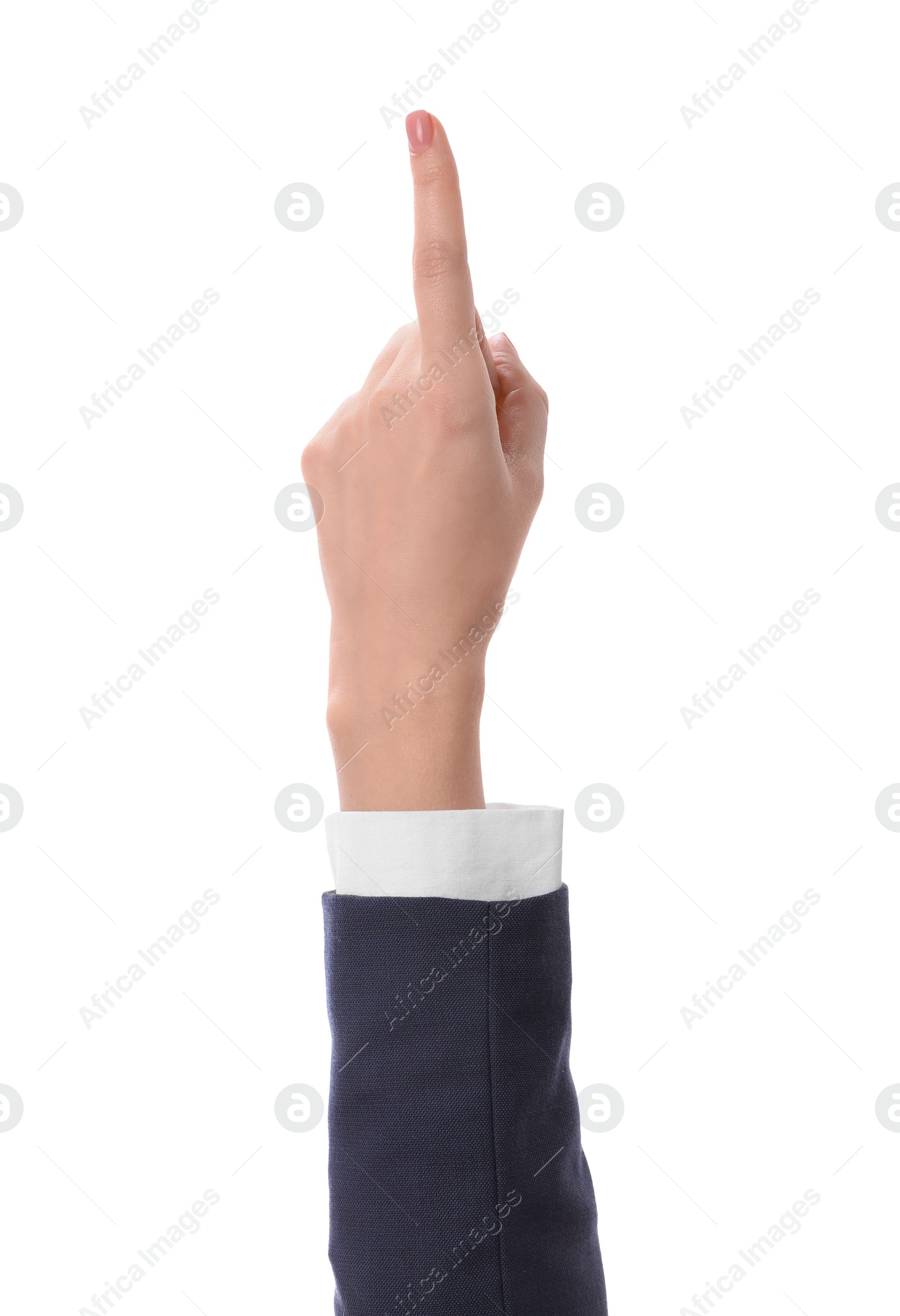 Photo of Woman pointing with index finger on white background, closeup