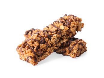 Image of Crunchy granola bars with chocolate on white background