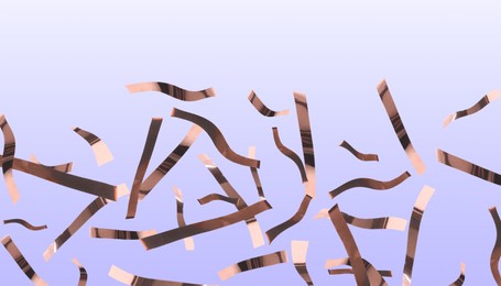 Image of Shiny bronze confetti falling on gradient background. Banner design