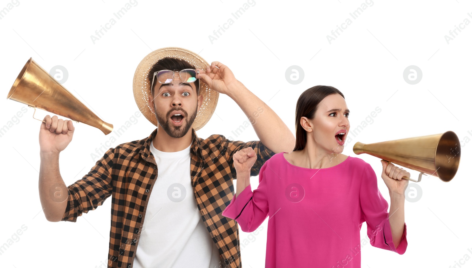 Image of Collage of people with megaphones on white background