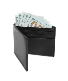 Stylish black leather wallet with money isolated on white
