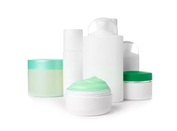 Photo of Different body care products on white background