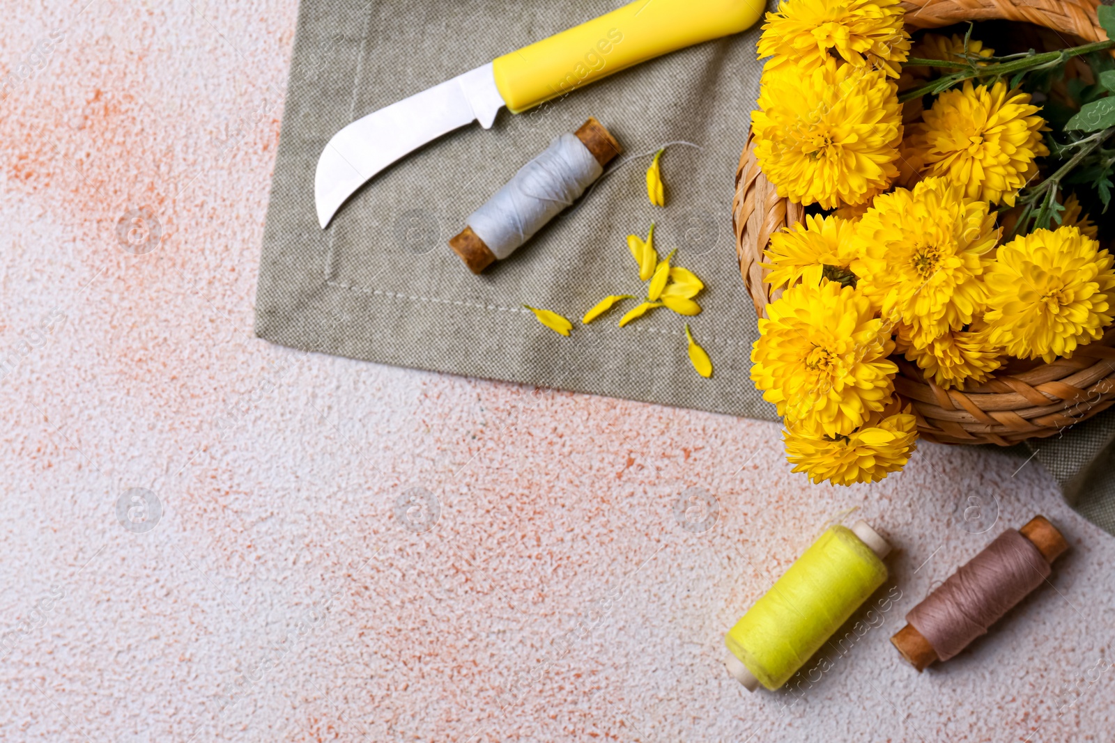 Photo of Flat lay composition with knife, threads and Chrysanthemum flowers on light textured table, space for text