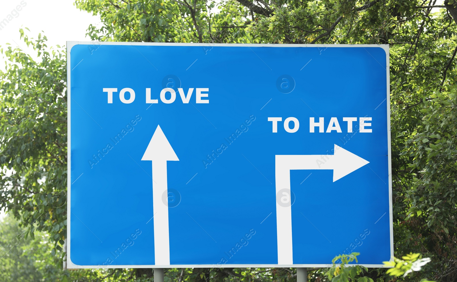 Image of Road sign with different directions - TO HATE or TO LOVE outdoors
