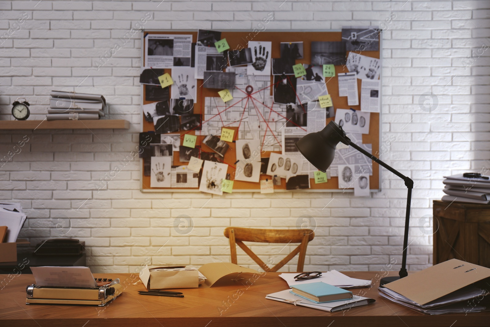 Photo of Detective office interior with workplace and investigation board