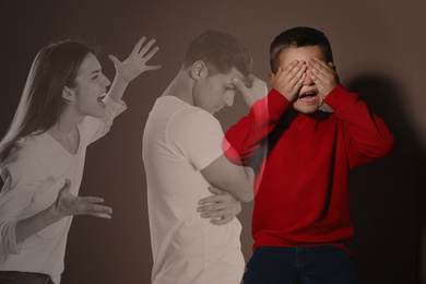 Double exposure of scared little boy and his arguing parents