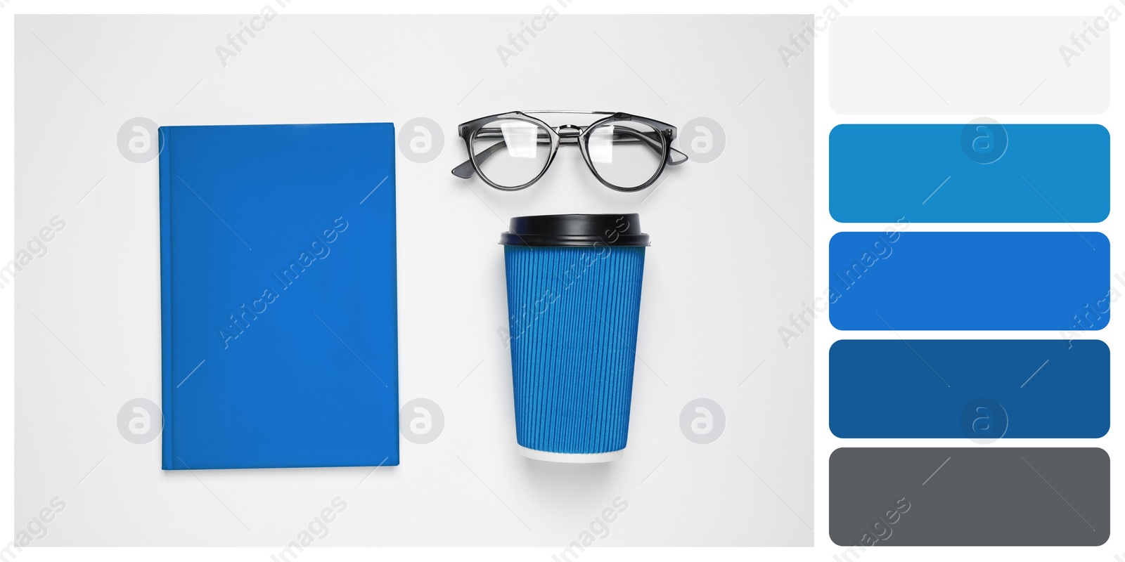 Image of Flat lay composition inspired by color of the year 2020 (Classic blue) on white background