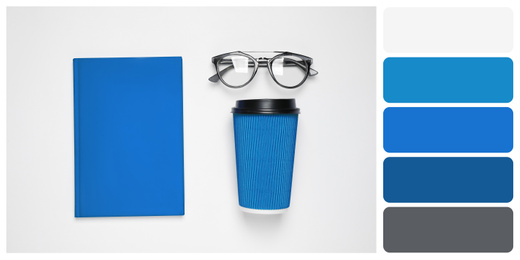 Image of Flat lay composition inspired by color of the year 2020 (Classic blue) on white background