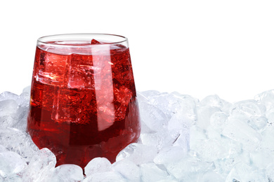 Ice cubes and delicious cocktail on white background