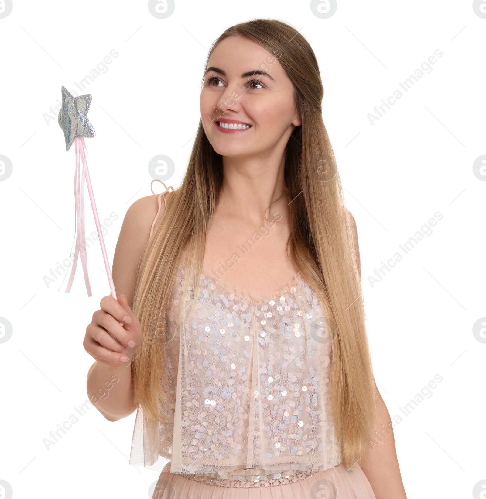 Photo of Beautiful girl in fairy costume with magic wand on white background