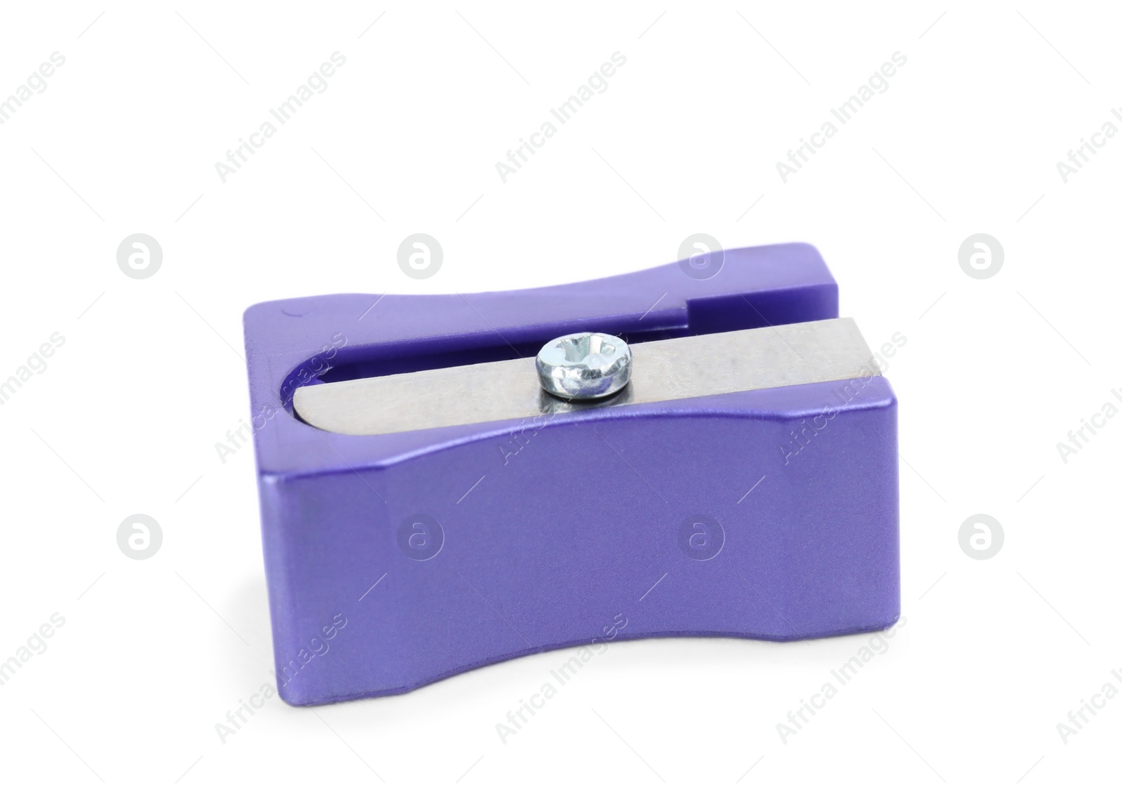 Photo of Plastic violet pencil sharpener isolated on white