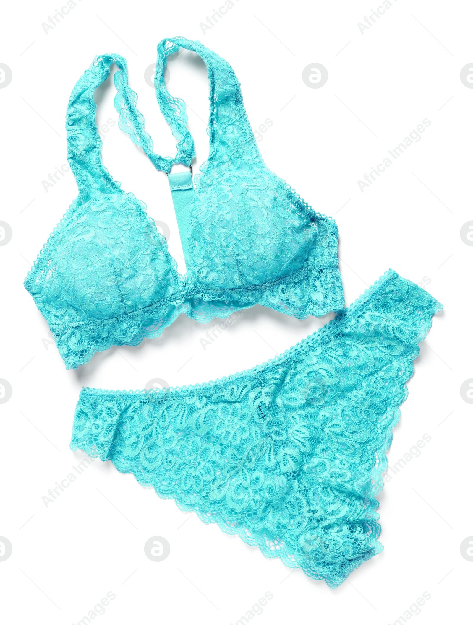 Photo of Elegant light blue women's underwear on white background, top view