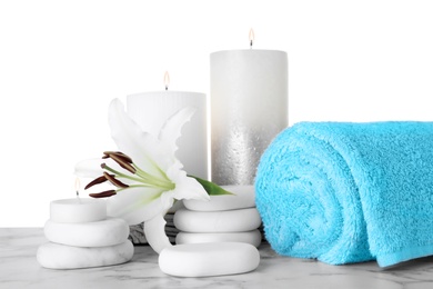 Photo of Composition with flower and spa supplies marble on table against white background