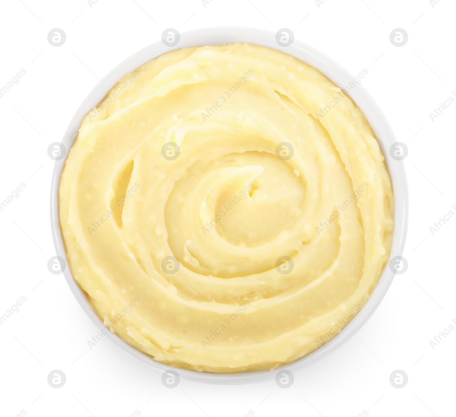 Photo of Bowl of tasty mashed potato isolated on white, top view