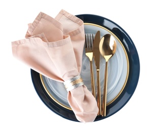 Photo of Plates with cutlery and napkin on white background, top view. Festive dinner setting