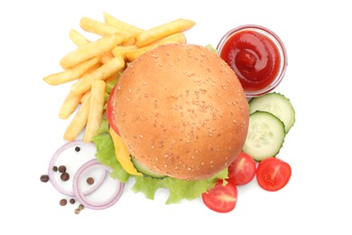 Photo of French fries, tasty burger and ingredients on white background, top view