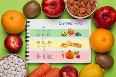 Glycemic index. Information about grouping of products under their GI in notebook, almonds, beans, fruits and carrots on light green background, flat lay