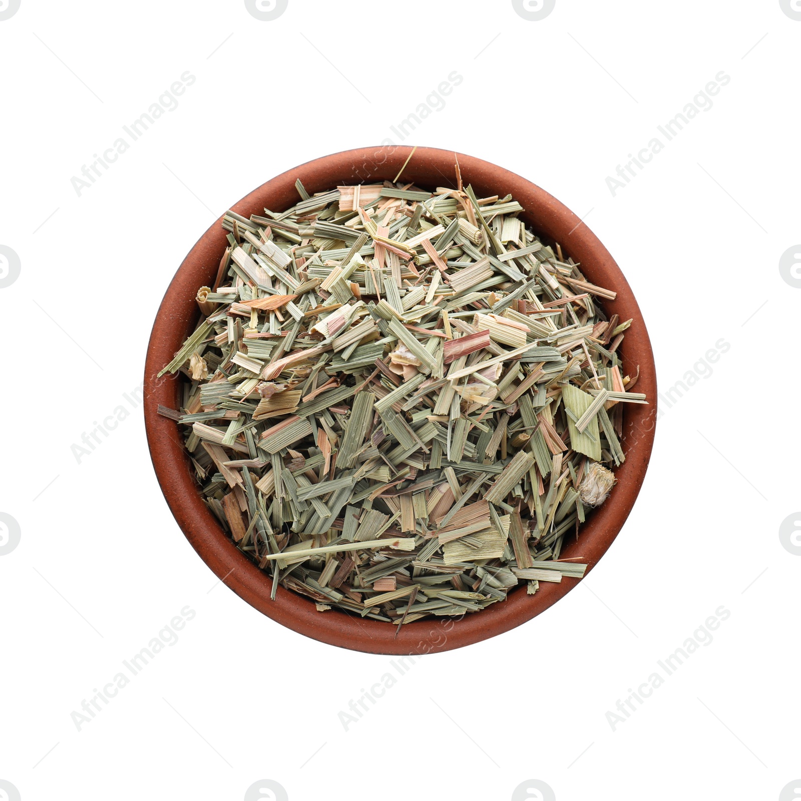 Photo of Bowl of aromatic dried lemongrass isolated on white, top view