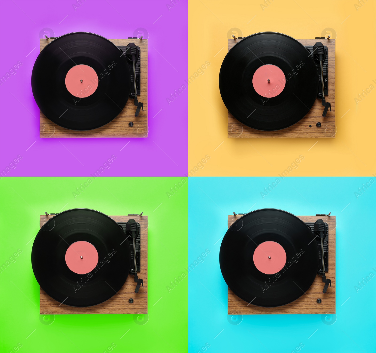 Image of Collage of turntables with vinyl records on different color backgrounds, top view