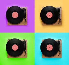 Collage of turntables with vinyl records on different color backgrounds, top view