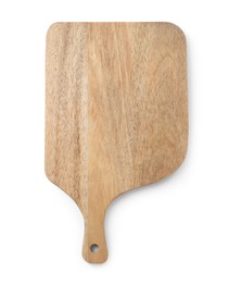 Photo of One wooden cutting board on white background, top view