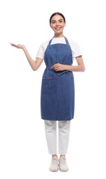 Young woman in blue jeans apron on white background