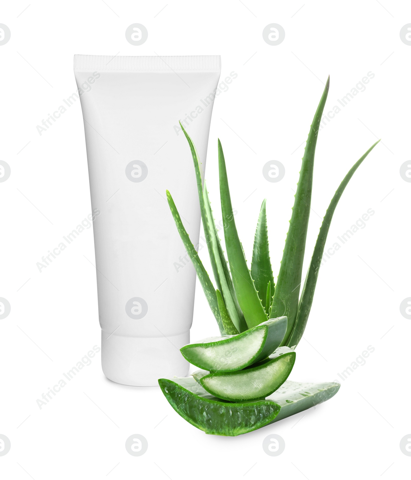 Image of Moisturizing cream with extract of aloe vera. Tube with cosmetic product and green aloe leaves on white background