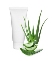 Image of Moisturizing cream with extract of aloe vera. Tube with cosmetic product and green aloe leaves on white background