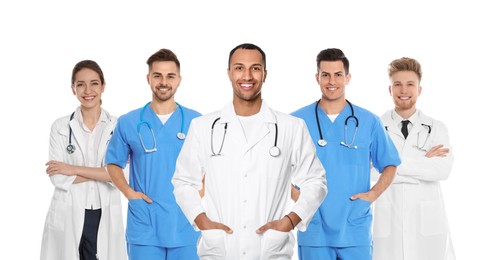 Image of Happy medical nurses on white background, set of photos